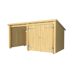 Guldklasse: Nordic Multihus 2-moduler med dobbeltdr og ben front i ubehandlet tr p 9,5m2