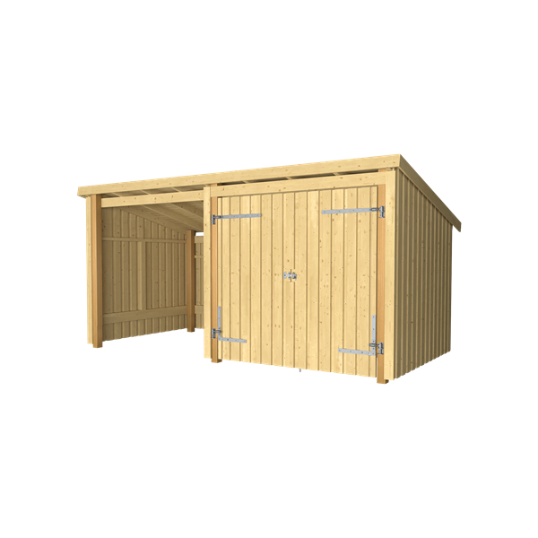 Guldklasse: Nordic Multihus 2-moduler med dobbeltdr og ben front i ubehandlet tr p 9,5m2