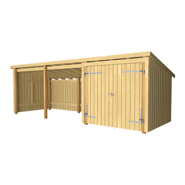 Guldklasse: Nordic Multihus 3-moduler med dobbeltdr og ben front i ubehandlet tr p 14m2