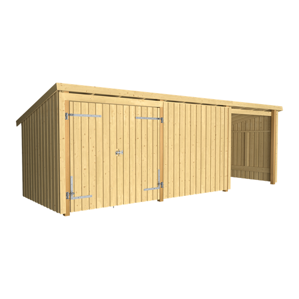 Guldklasse: Nordic Multihus 3-moduler med dobbeltdr og lukket/ben front i ubehandlet tr p 14m2