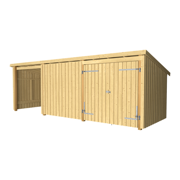 Guldklasse: Nordic Multihus 3-moduler med dobbeltdr og lukket/ben front i ubehandlet tr p 14m2