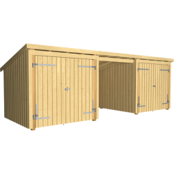 Guldklasse: Nordic Multihus 3-moduler med 2 dobbeltdre og ben front i ubehandlet tr p 14m2