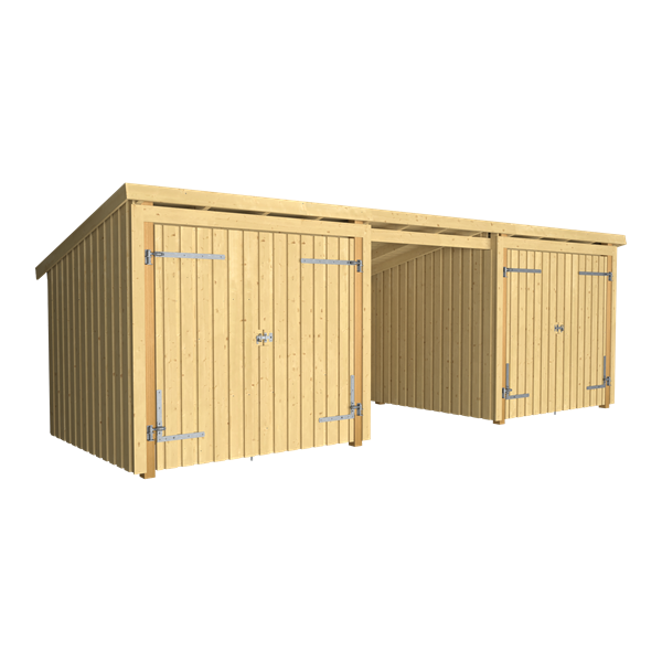 Guldklasse: Nordic Multihus 3-moduler med 2 dobbeltdre og ben front i ubehandlet tr p 14m2