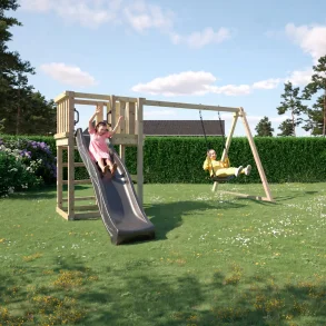 PLUS Legetrn inkl. gyngestativ - grsort rutsjebane og gynge