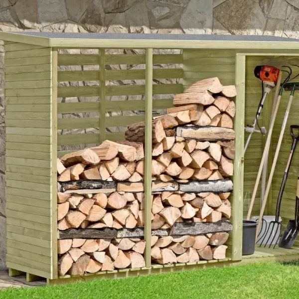 Element brændeskur med opbevaringsrum  praktisk, solidt og trykimprægneret