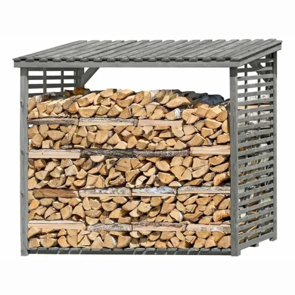 Brændeskur model XL i grå trykimprægneret træ – rummelig og stilren opbevaring uden bagvæg