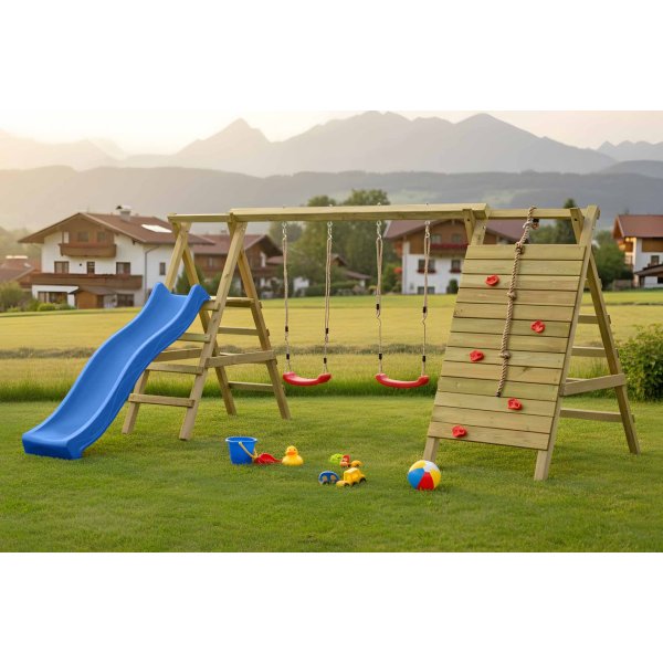 Max Plus Gyngestativ med Klatrev�g, Rutsjebane &amp; Reb