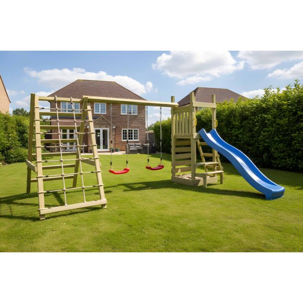 Piccoo Pro leget�rn med gynger, klatrenet, klatrev�g og picnicbord