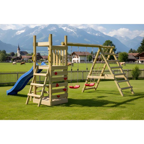 Piccoo Pro leget�rn med gynger, klatrenet, klatrev�g og picnicbord