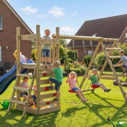 Piccoo Pro leget�rn med gynger, klatrenet, klatrev�g og picnicbord