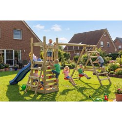 Piccoo Pro leget�rn med gynger, klatrenet, klatrev�g og picnicbord