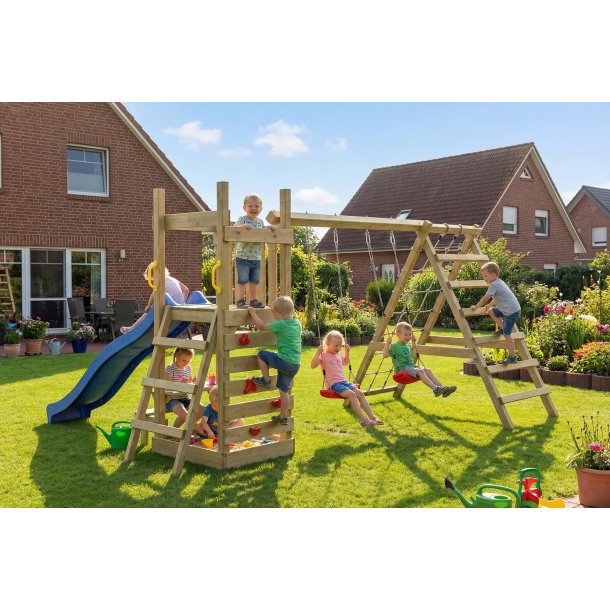 Piccoo Pro leget�rn med gynger, klatrenet, klatrev�g og picnicbord