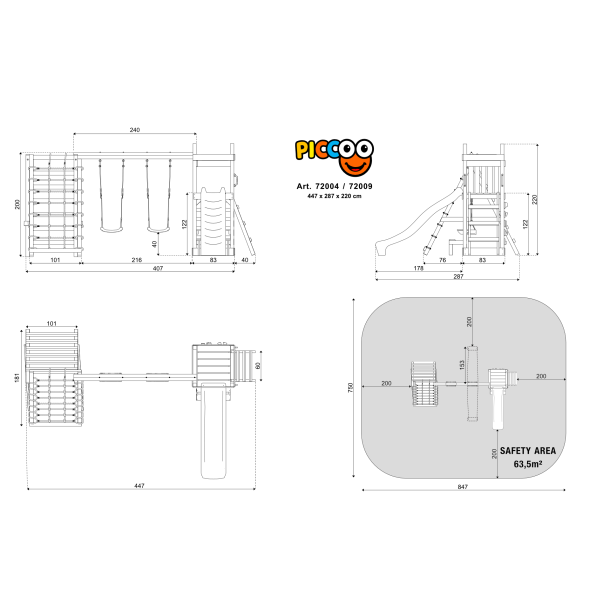 Piccoo Pro leget�rn med gynger, klatrenet, klatrev�g og picnicbord