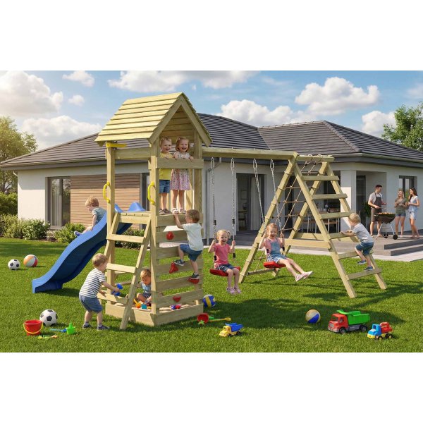 Kidoo Pro leget�rn med gynger, klatrenet, klatrev�g, teleskop og picnicbord
