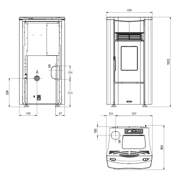 Brugt Pilleovn Giusy Premium pillebrndeovn i sort med topafgang og bagudgang (130m2)