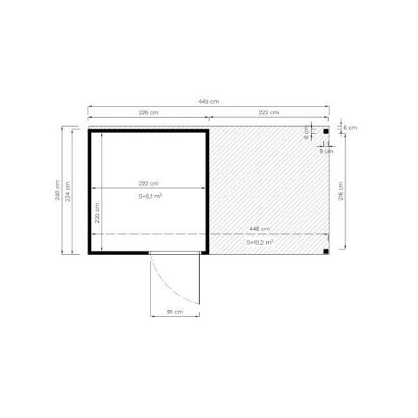 Cubo havehus på 5,1m2 i ubehandlet træ + udhæng