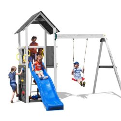 Kapow model 2 legetrn i gr og hvid med gyngestativ inkl. rutsjebane og klatrevg