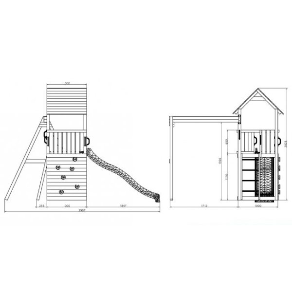 Kapow model 2 legetrn i gr og hvid med gyngestativ inkl. rutsjebane og klatrevg