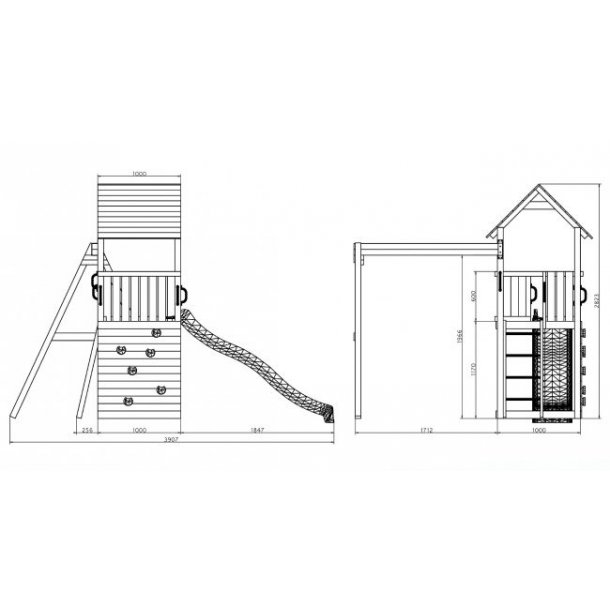 Kapow model 2 legetrn i gr og hvid med gyngestativ inkl. rutsjebane og klatrevg