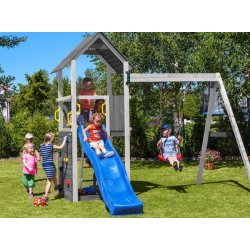 Kapow model 2 legetrn i gr og hvid med gyngestativ inkl. rutsjebane og klatrevg