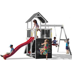 Kapow model 3 legetrn i gr og hvid med gyngestativ inkl. rutsjebane og klatrevg