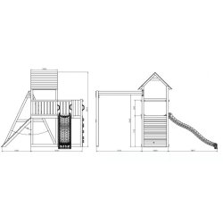 Kapow model 3 legetrn i gr og hvid med gyngestativ inkl. rutsjebane og klatrevg