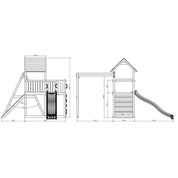 Kapow model 3 legetrn i gr og hvid med gyngestativ inkl. rutsjebane og klatrevg