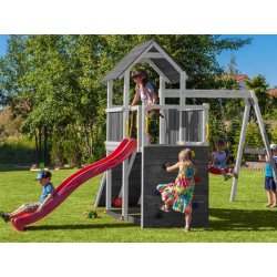 Kapow model 3 legetrn i gr og hvid med gyngestativ inkl. rutsjebane og klatrevg