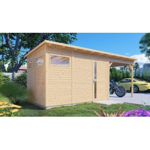 Kassel 3 Set redskabsskur i ubehandlet tr p 7,65m2 + tilbygning