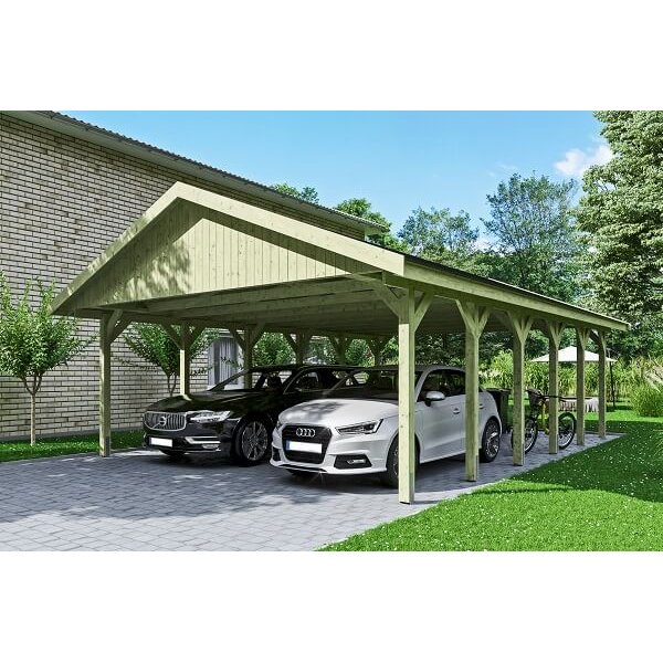 Platinklasse: Hjemsted XL dobbeltcarport med saddeltag og redskabsrum model "Leif" 620x900cm (BxL)