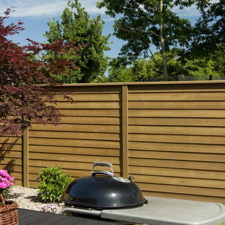 FT systemhegn i dobbeltklink profil med systemstolper i tr - Slvklasse