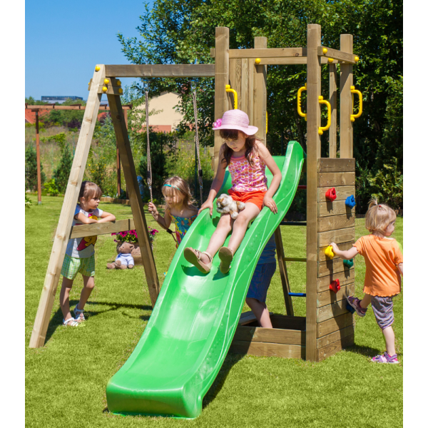 Funky model 3 legetrn med sandkasse og 1 gyngesde i trykimprgneret