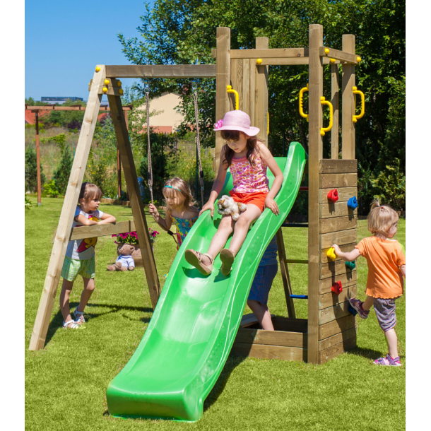 Funky model 3 legetrn med sandkasse og 1 gyngesde i trykimprgneret