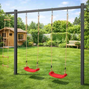 Gyngestativ i st�l med 2 gynger og klatrestige � solid kvalitet i stilrent design