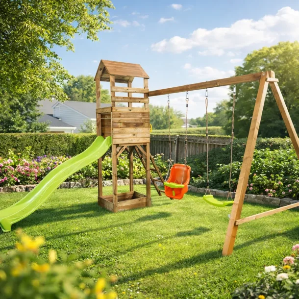 Gardenpro leget�rn med rutsjebane, gynger og sandkasse