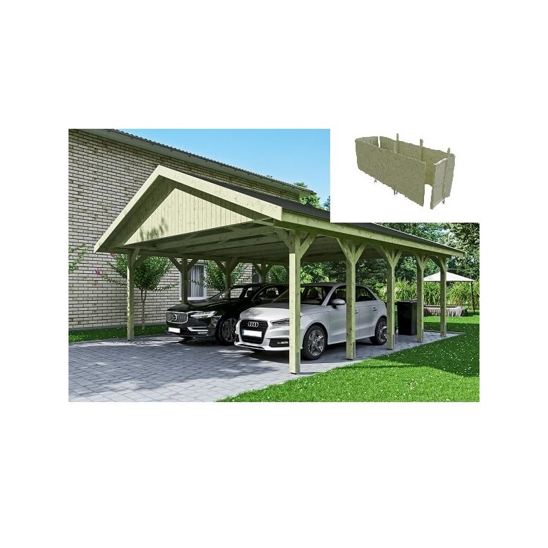 Platinklasse: Hjemsted dobbeltcarport med saddeltag og redskabsrum model "Anker" 620x750cm (BxL)