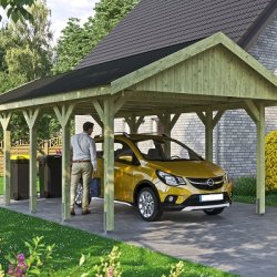 Platinklasse: Hjemsted XL enkeltcarport med saddeltag og redskabsrum model "Lisa" 430x750cm (BxL)