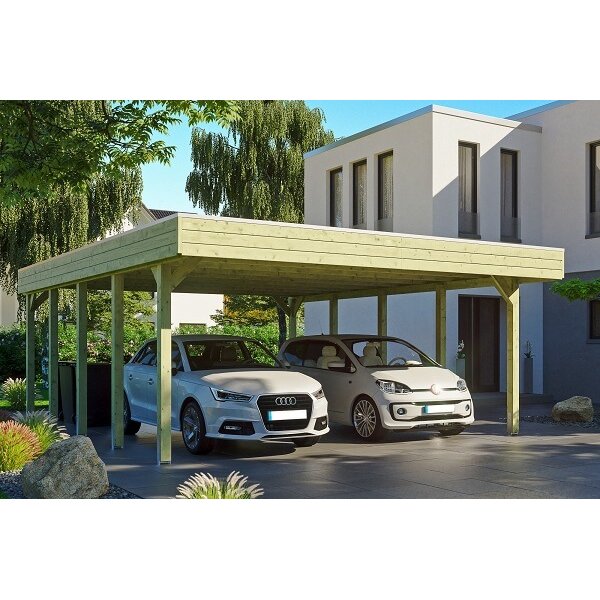 Platinklasse: Hjemsted Premium dobbeltcarport med fladt tag og redskabsrum 557x708cm (BxL)