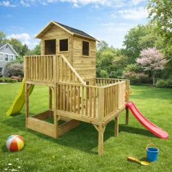 Holger legehus p� stolper med platforme og sandkasse �  1,53m2 + terrasse - S�lv klasse