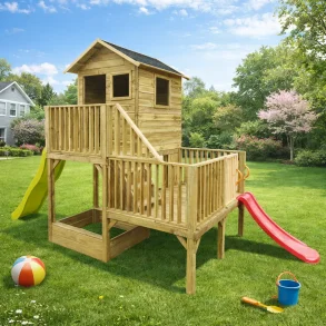 Holger legehus p� stolper med platforme og sandkasse �  1,53m2 + terrasse