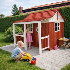 Ida legehus i r�d og hvid � klassisk hygge og leg 3,6m2 med veranda