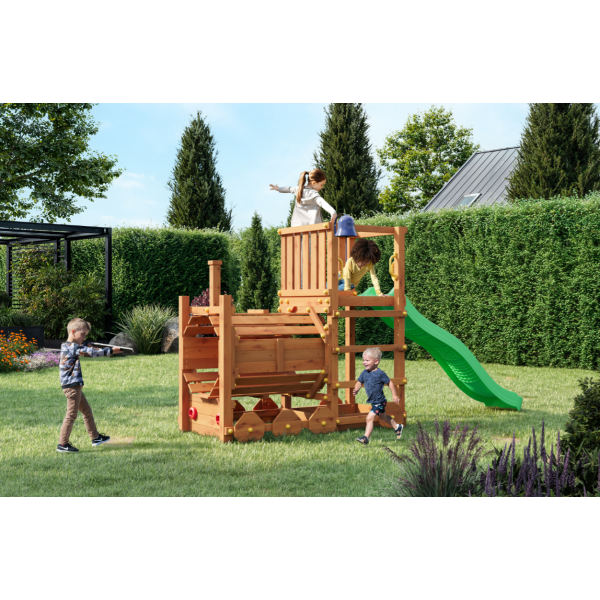 Loco leget�rn teak farvet med gr�n rutsjebane