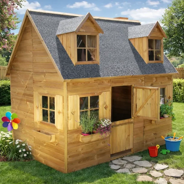 Legehus Karl i tr� med hems, skorsten og karnapper - 3,83m2 + 1,6m2 hems - S�lvklasse