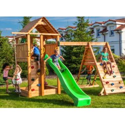 Mlkevejen legetrn i teak inkl. rutsjebane, klatrevgge, klatrereb m.m.