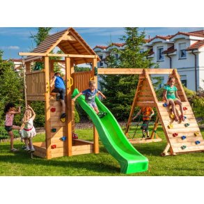 Mlkevejen legetrn i teak inkl. rutsjebane, klatrevgge, klatrereb m.m.