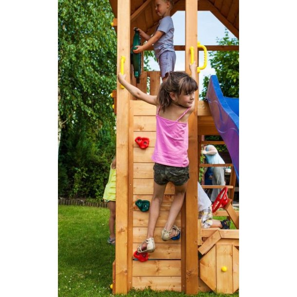 Mlkevejen legetrn i teak inkl. rutsjebane, klatrevgge, klatrereb m.m.