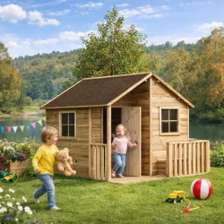 Maja legehus i tr� med veranda � et lyst og hyggeligt sted til leg og fantasi - S�lvklasse 3,5m2 