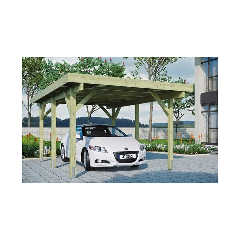 Guldklasse: Enkeltcarport i trykimprgneret tr med fladt tag model "Hannover new" 340x510cm (BxL)