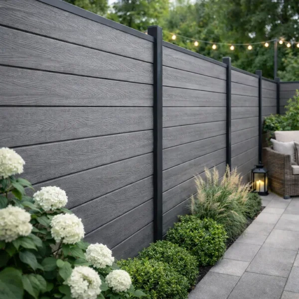 Guldklasse: Nice komposithegn med pulverlakeret galv. st�lstolper og tilbeh�r