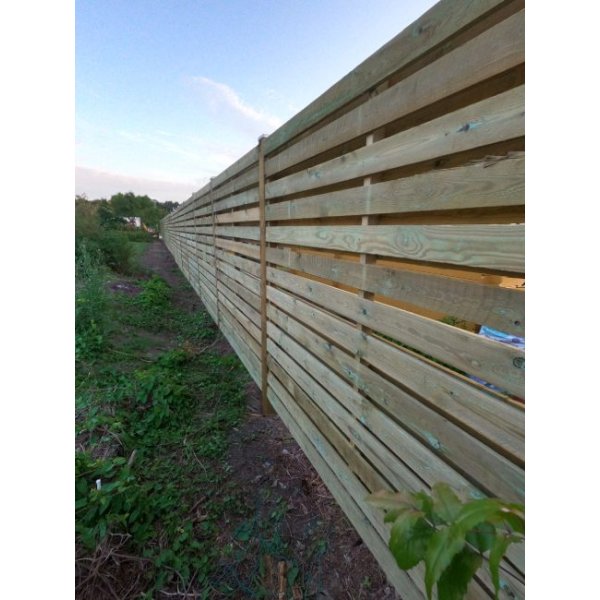 Guldklasse: Plankeværk model Frøslev vandret i grøn trykimprægneret inkl. stolper i træ og tilbehør